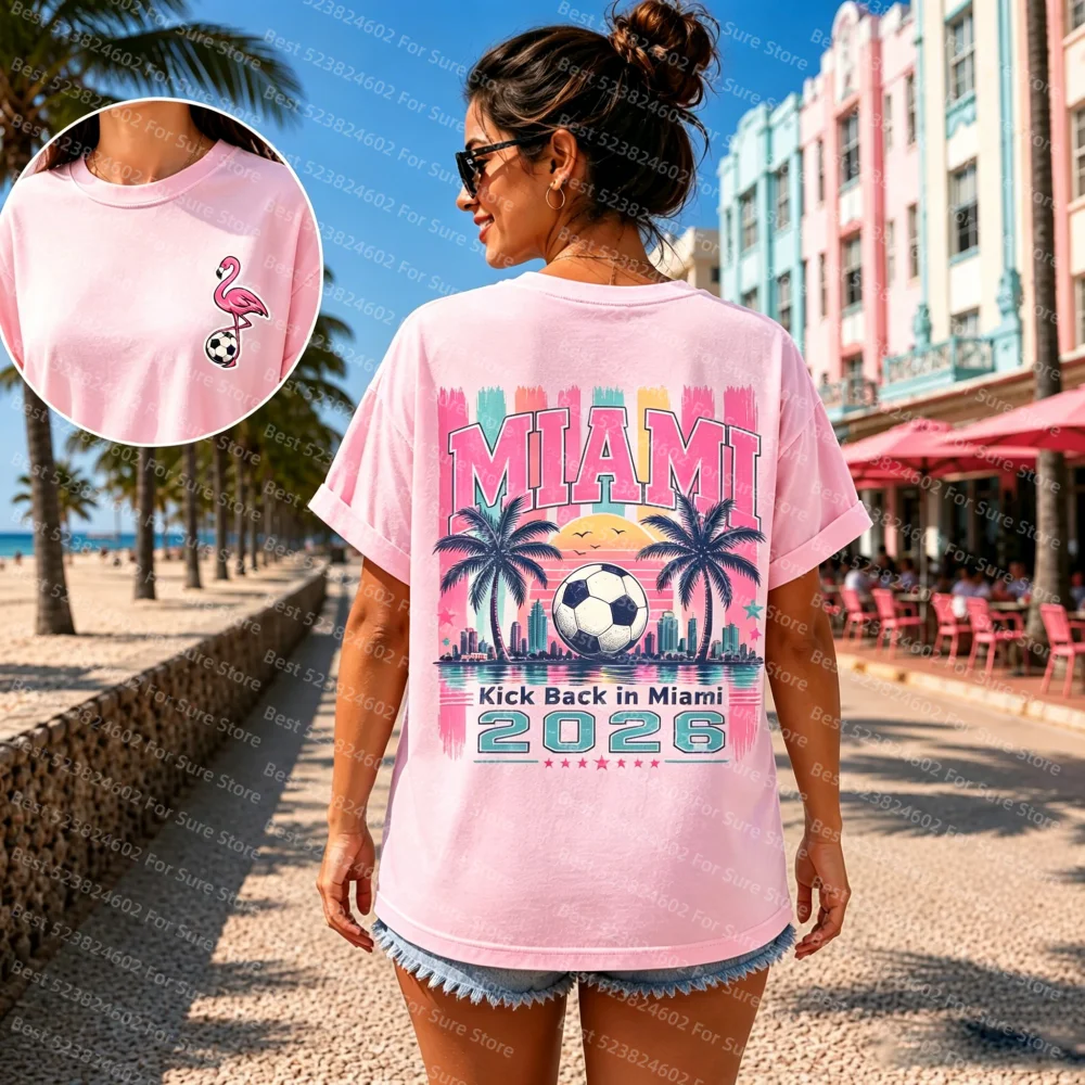 Miami 2026 Flamingo Soccer T Shirt Women Retro Colorful Miami Skyline Graphic Tee Summer Casual Short Sleeve Fans t-shirt