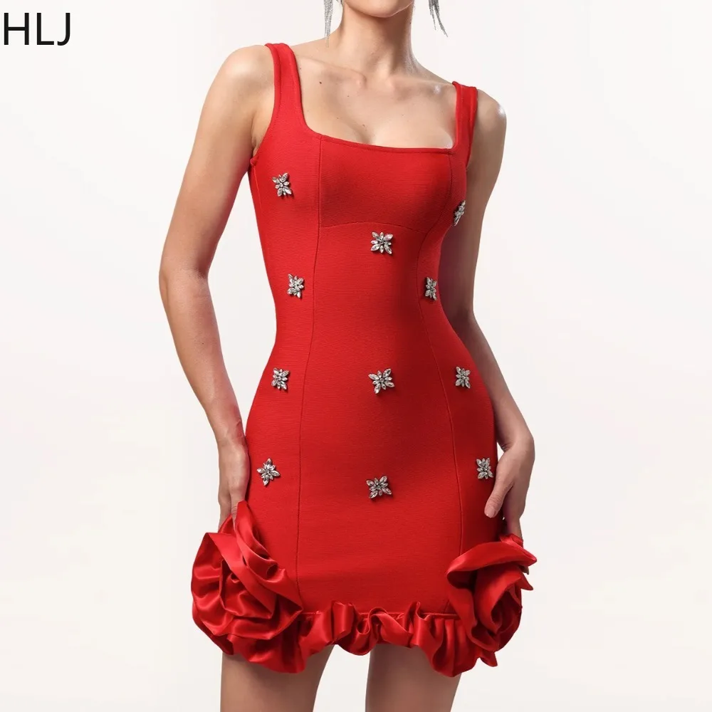

HLJ Sexy Rhinestone Patchwork Bodycon Mini Dresses for Woman Spaghetti Strap Sleeveless Backless Dress Female Clubwear Vestidos