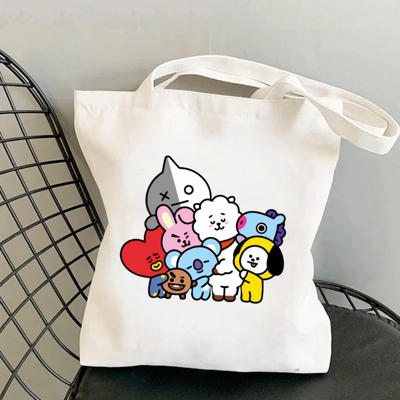 Bolso de hombro con dibujos de Anime para mujer, bolsas de compras reutilizables Harajuku, estilo callejero, bolsos de compras de lona blanca