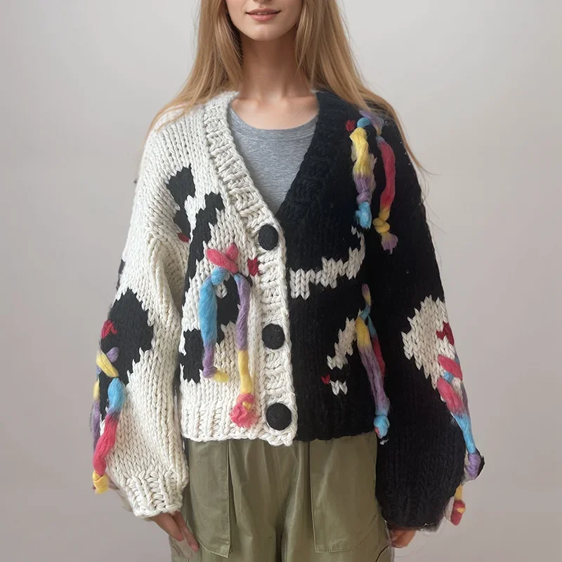 Women Multi Color Tassels Chunky Cardigan 2024 Autumn Winter Handmade Sweater Jumper Outwear Niche Design