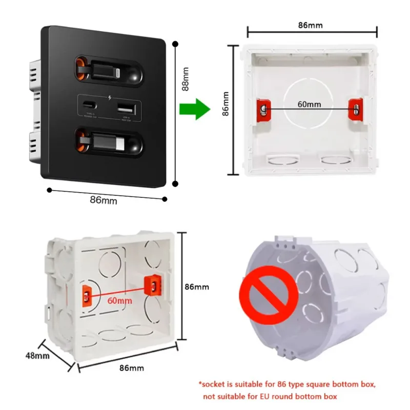 86 Type GaN 20W USB Type-c Fast Charging Wall Socket With Retractable Wire Data Cable Household Multi-Function Charging Sockets