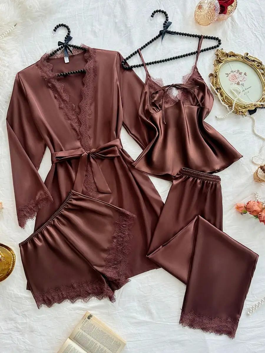

4-Piece Satin Sleepwear Set with Lace Trim: Robe, Camisole, Shorts & Pants