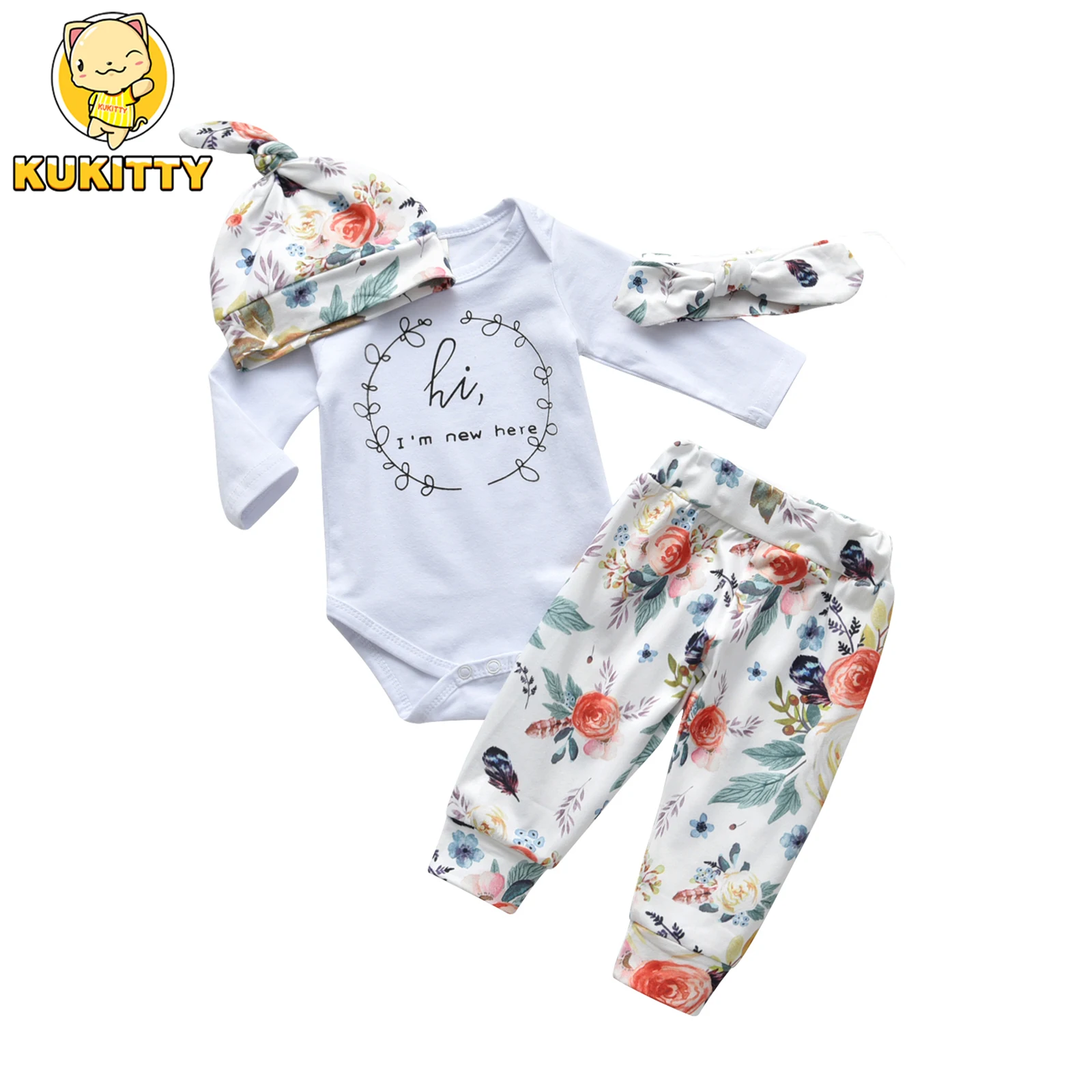 Spring Fall Newborn infant Baby 4pc Clothes Set for Girls Long Sleeve Bodysuit Top and Floral Pants Headband Hat Outfit for Girl