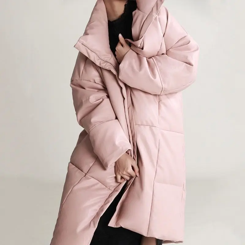 Pink Medium To Long Cotton Jacket with Loose and Thick Stand Collar for Winter 2025