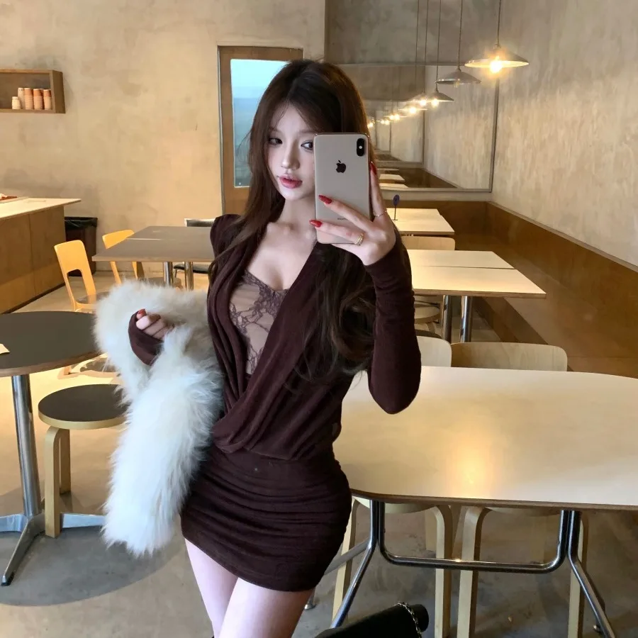 

Autumn Winter New Sle Women's Lace Bodycon Dr with Skirt High Waist Gathered Folded Neline Long Sve Pure Desire