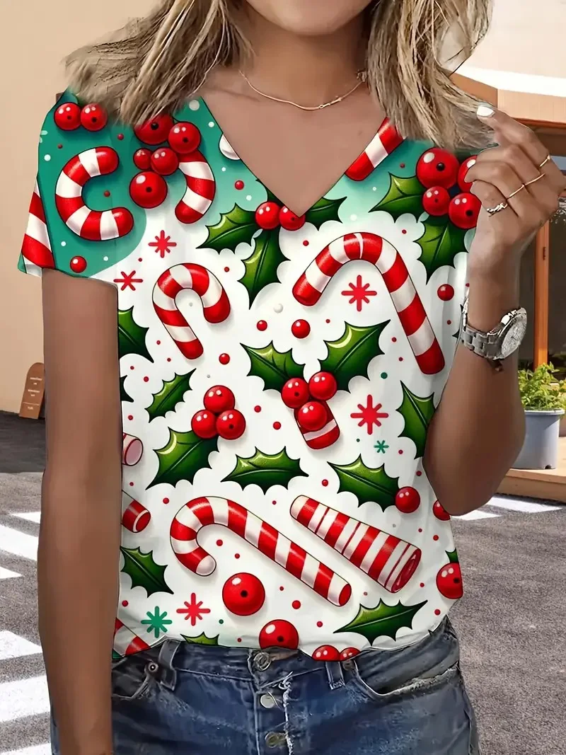 

Christmas candy sticks 3D printed women's V-neck t-shirts fashion holiday party shirts casual Christmas holiday women's clothing
