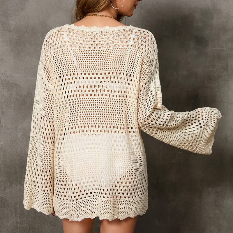 بلوزة شاطئ فضفاضة على الموضة جديدة لعام 2025 للتجارة الخارجية بيكيني محبوك بأكمام طويلة بدلة سباحة واقية من الشمس للنساء #4