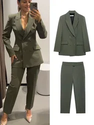 TRAF 2 pezzi set per le donne 2024 autunno doppio petto Blazer cappotti cerniera pantalone dritto abito Offlce Lady Fashion Outfits