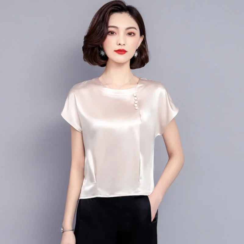 Women Chiffon Blousesheavy solid color Copy silk shirt Shirt Short Sleeve Summer