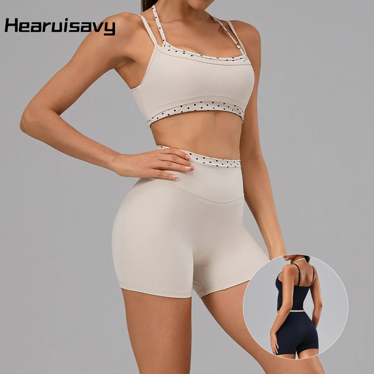 Hearuisavy 2Pcs Yoga Set Women Polka Dot Cross Back Sports Top High Waisted Push Up Shorts Gym Breathable Workout Sportswear