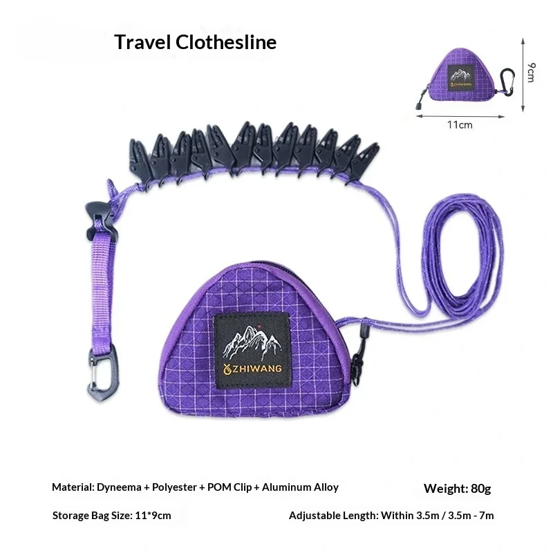 7M Adjustable Travel Clothesline with 12 Clips Portable Outdoor Camping Laundry Line Windproof Anti-slip Clothes Drying Rope Wit