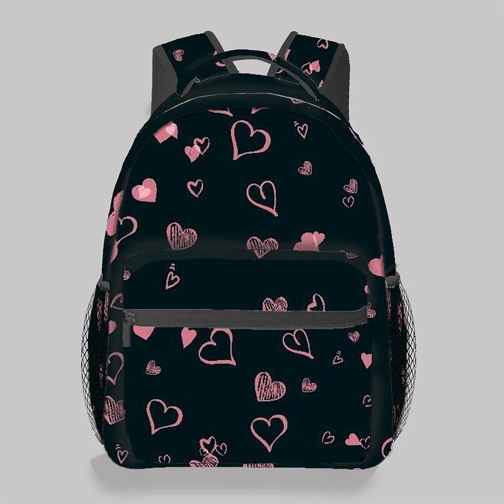 Black Pink Doodle Heart Print Backpack Cute Sketch Love Heart Pattern School Bag Lightweight Casual Daypack
