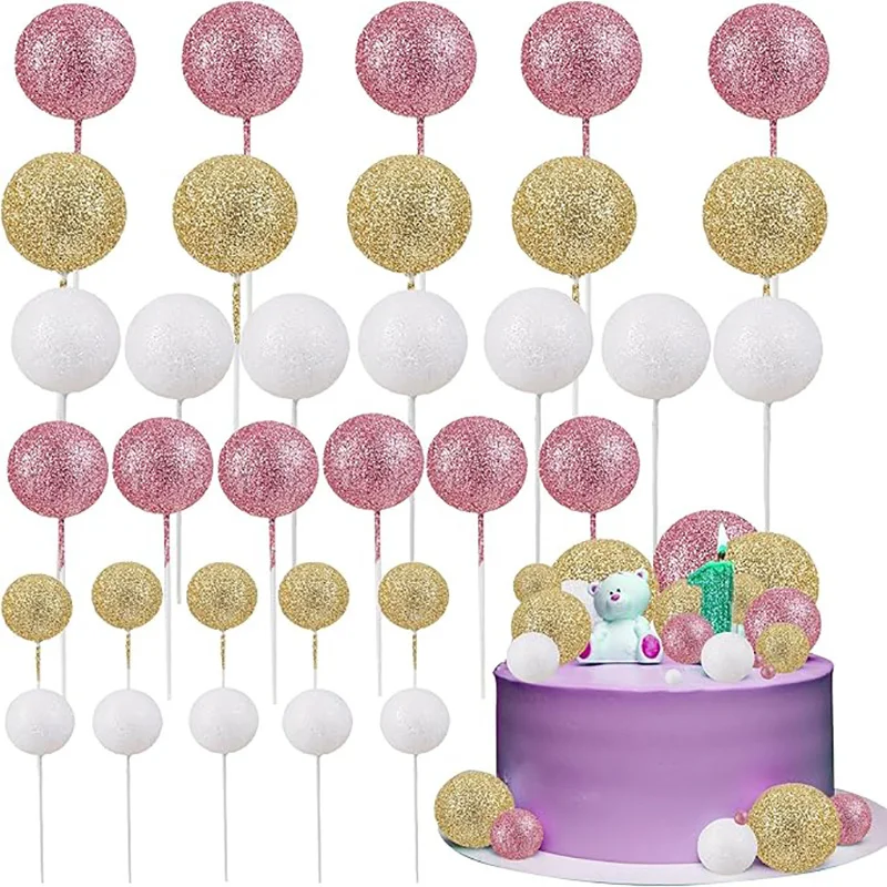 

1set Glitter Balls Cake Topper Glitter White Rose Gold Foam Balls Cupcake DIY Decor Baby Shower Birthday Party Cake Supplies