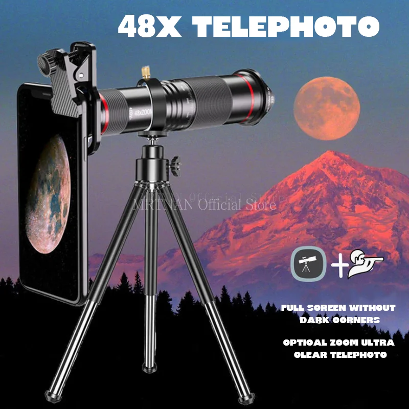 48x HD Zoom Mobile Phone Lens Powerful Binoculars Long Range Monocular Metal Telescope Telephoto Lens With Tripod For Camping