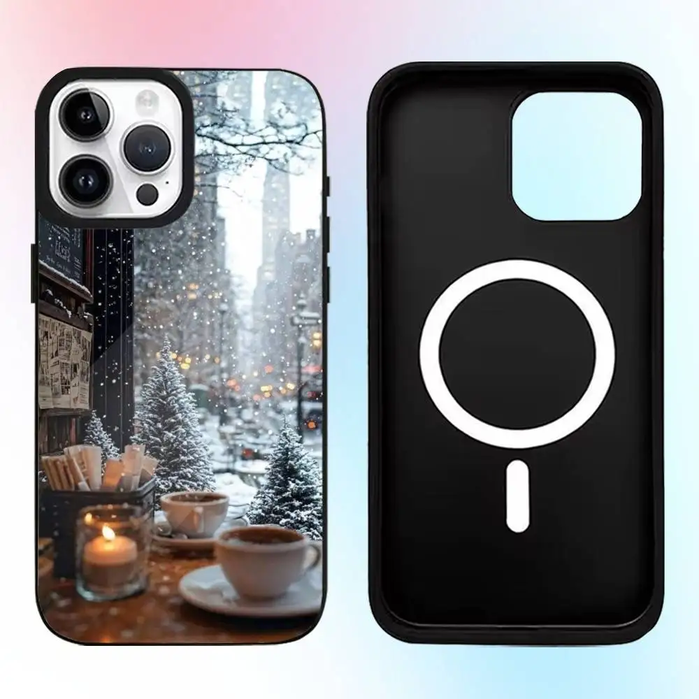 عيد الميلاد الفن الشتاء القهوة حالة الهاتف آيفون 17,16,15,14,13,12,11 زائد، برو ماكس المغناطيسي Magsafe الشحن اللاسلكي