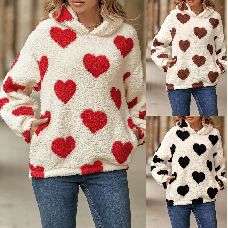 

Flash Fleece 2023 Autumn/Winter New Women's Plush Hooded Heart Print Pullover Sweater For Women