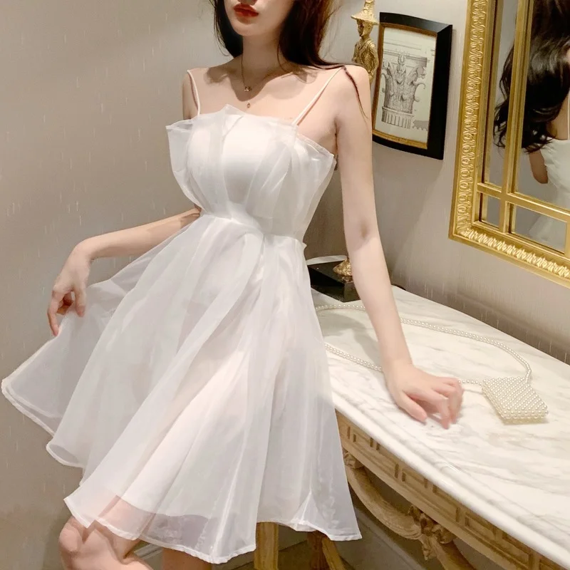 Princess Style Summer Dress Women Solid Colors Mesh Slip Dress Party Wedding Sweet Cute Clothing Fashion Fairy Cottagecore Dress