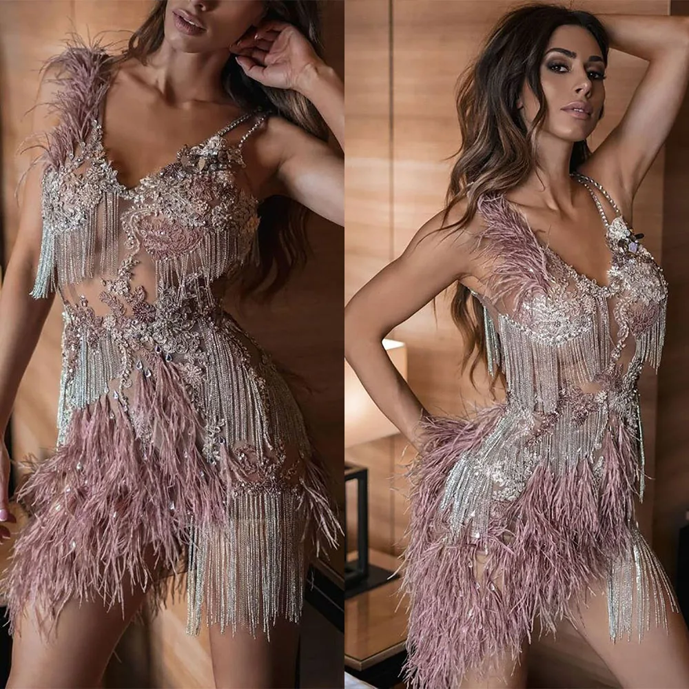 

Tassel Feather Sexy Prom Dresses Illusion Beading Crystal Evening Gowns Short Mini Cocktail Dress