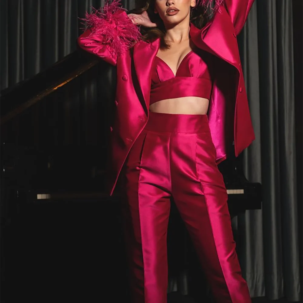 Satin-Rosenanzug, zweiteilig, klassisch, zweireihig, schmale Passform, Outfit für Damen, Jacke, Hose, Luxus-Feder, neues Herbstanzug-Set