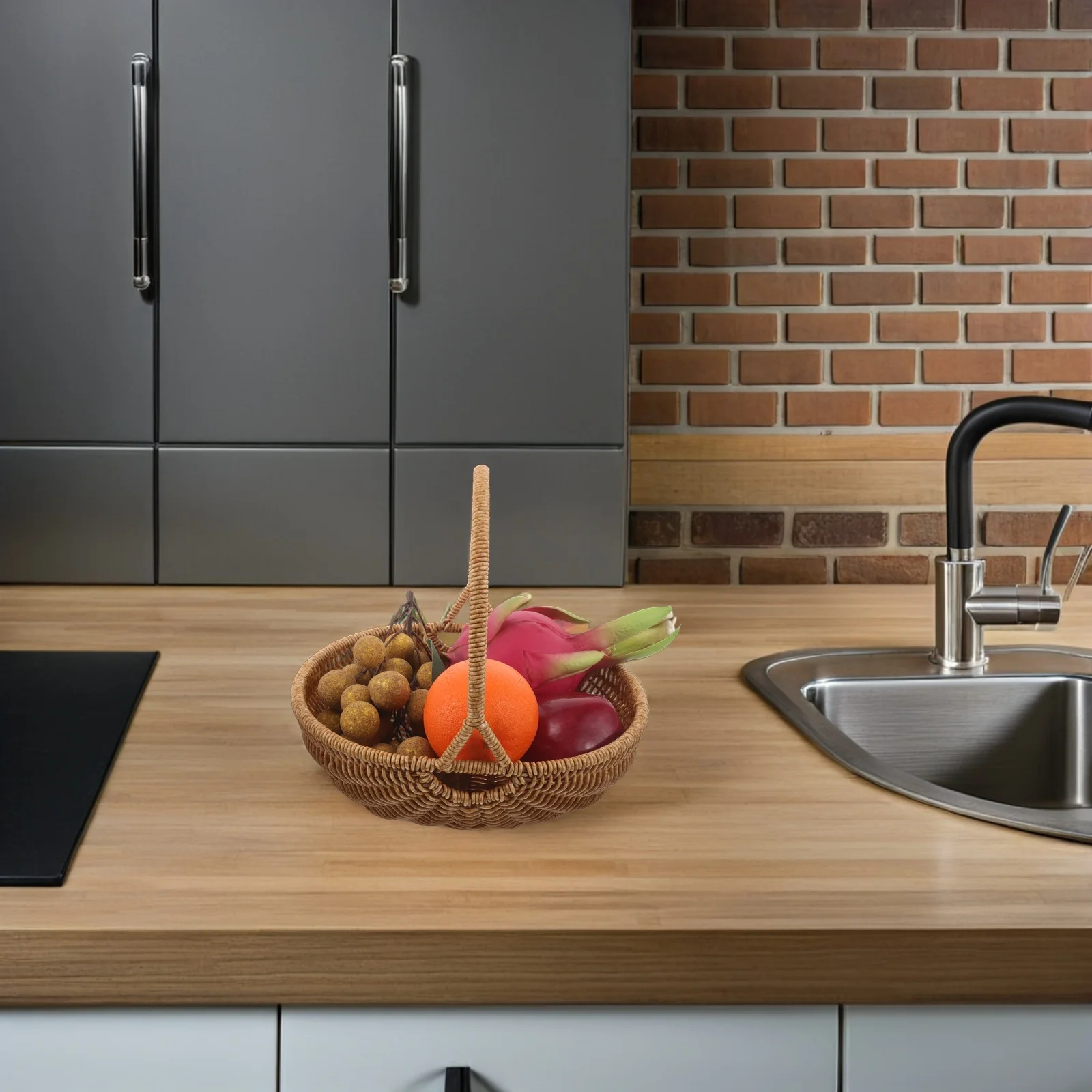 خمر نمط تقليد الروطان سلة خوص بني فاتح المنسوجة يدويا للنزهات عيد الفصح تنظيم المطبخ تخزين متعدد الأغراض #3