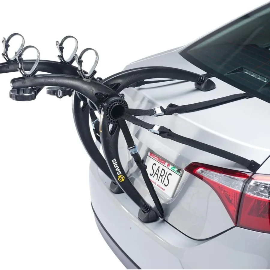 

Bones Car Trunk Bicycle Rack Carrier Mounts 2 Bikes Black - Durable Rust-Free Anti-Sway Straps Fits Most Vehicles Made in USA A