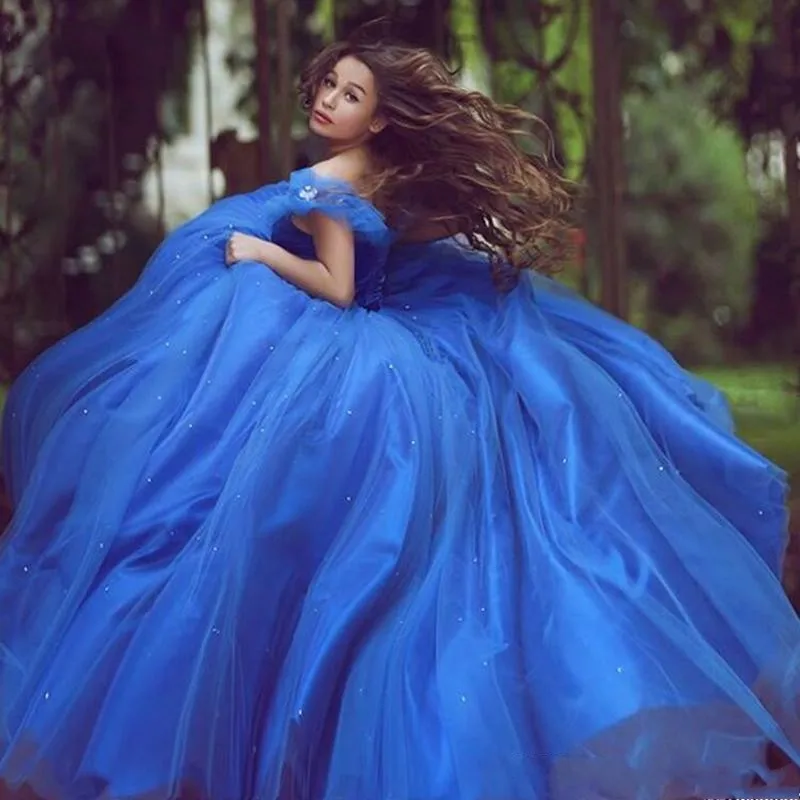 Vestidos de quinceañera azul real de Cenicienta, vestido de baile con hombros descubiertos, tul hinchado, con cuentas para fiesta, dulce vestido de 16