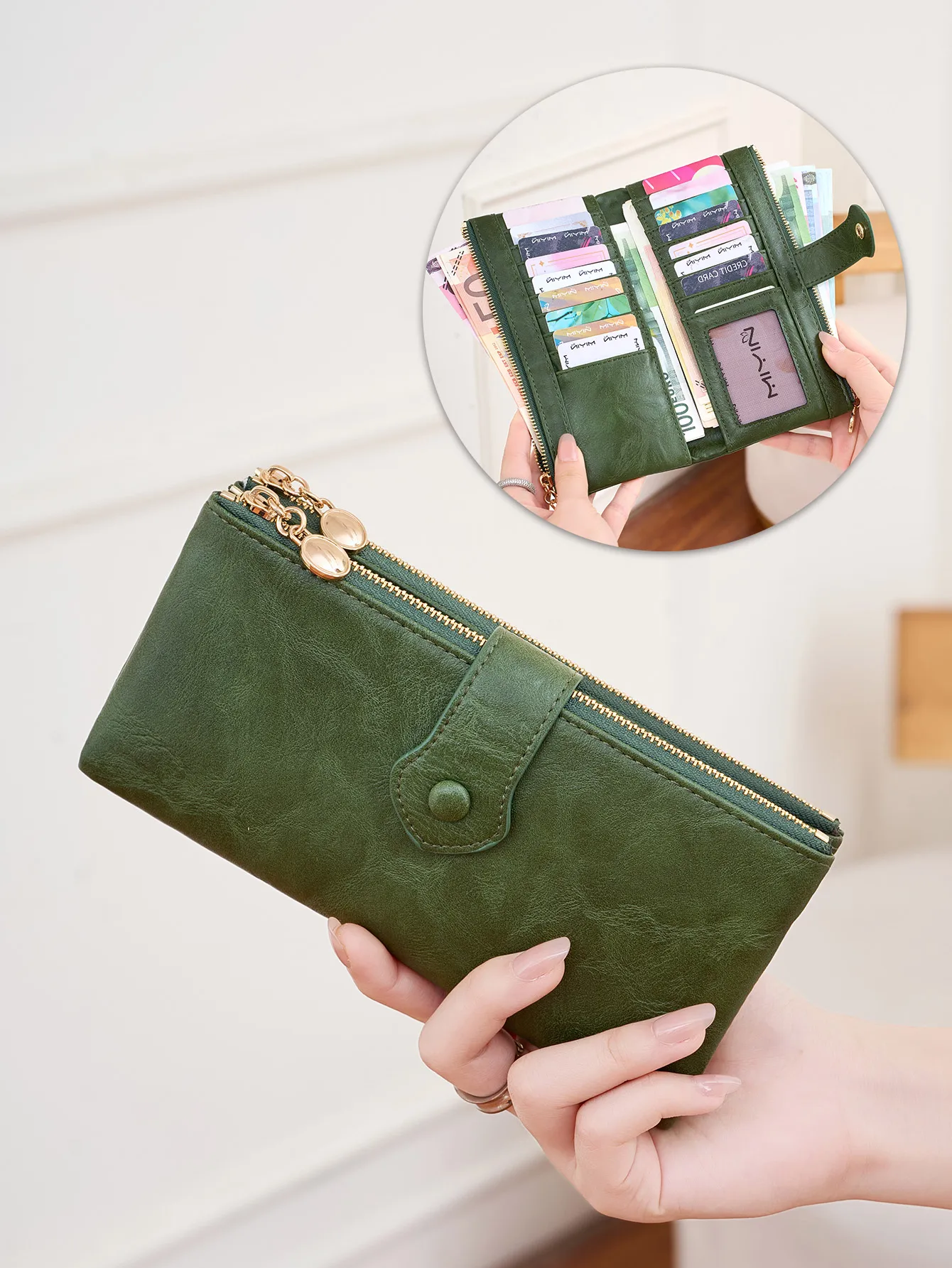 Damen Vintage-Geldbörse mit Doppelreißverschluss, Modische PU-Leder Bifold Lange Geldbörse, Minimalistischer Kreditkartenhalter mit Großer Kapazität