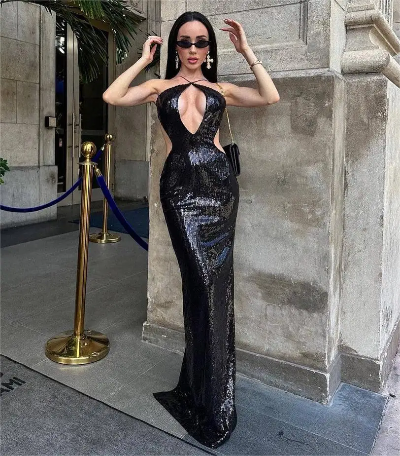 2024 Luxury Designer Women Sexy Party Dress Black Backless Squines Key Hole Maxi Long Runway Celebrity Evening Prom Gowns