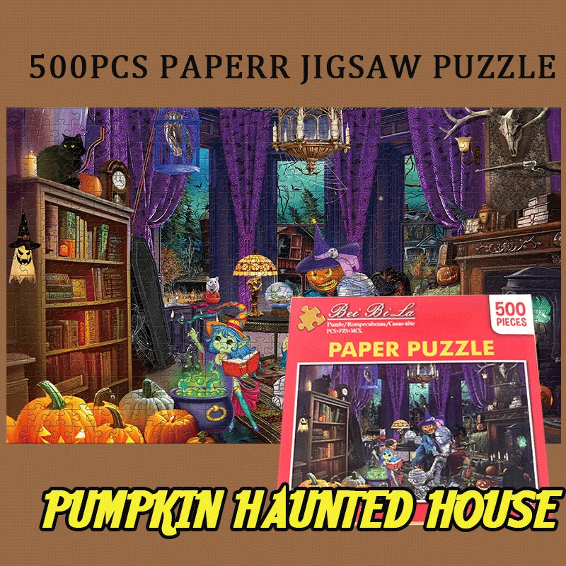 500 Piece Halloween Puzzle for Adults - Spooky Pumpkin Haunted House Scene - 18x11 inch (46x28cm) - 1.5mm Thick Gray Cardboard