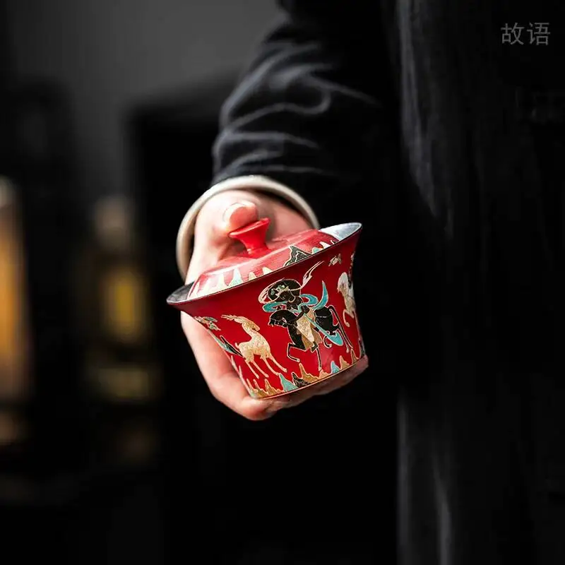 King Illustration Dunhuang Nine-Colored Deer Cultural Creative Cup With Lid Kung Fu Set Tea Bowl Gift National Trend