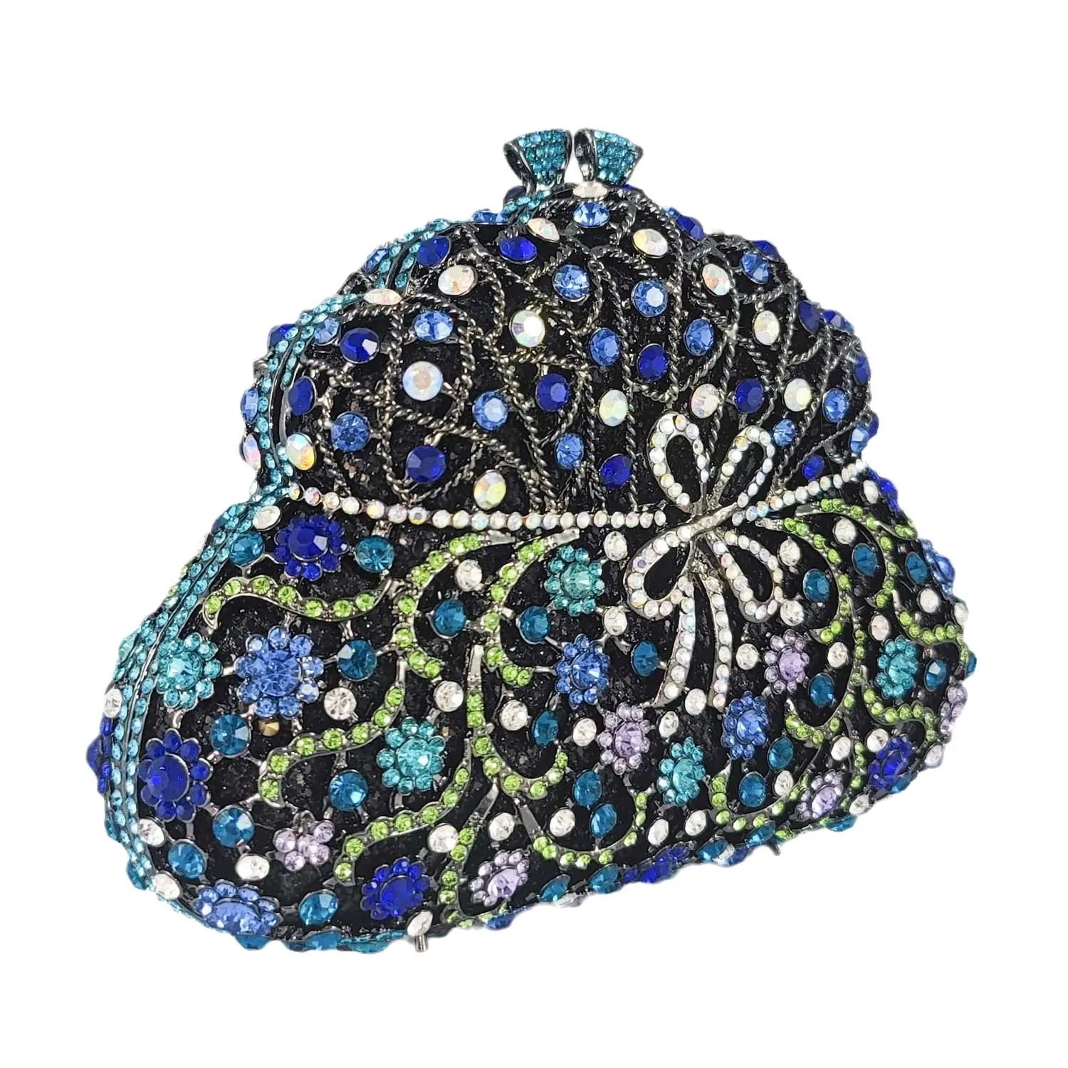 Boutique De FGG Gourd Shape Women Blue Evening Bags and Clutches with Bow Party Rhinestone Minaudiere Handbags Crystal Clutch