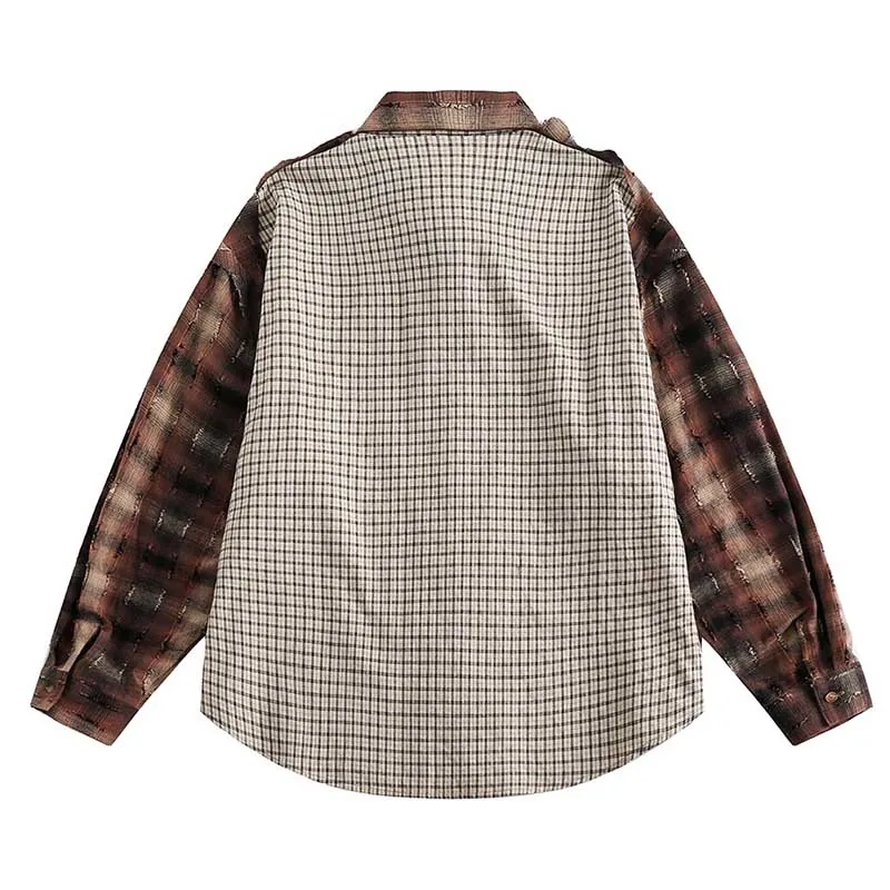 Vintage Hip Hop Fashion Shirts Men Harakuju Streetwear Button Up Blouse Color Block Patchwork