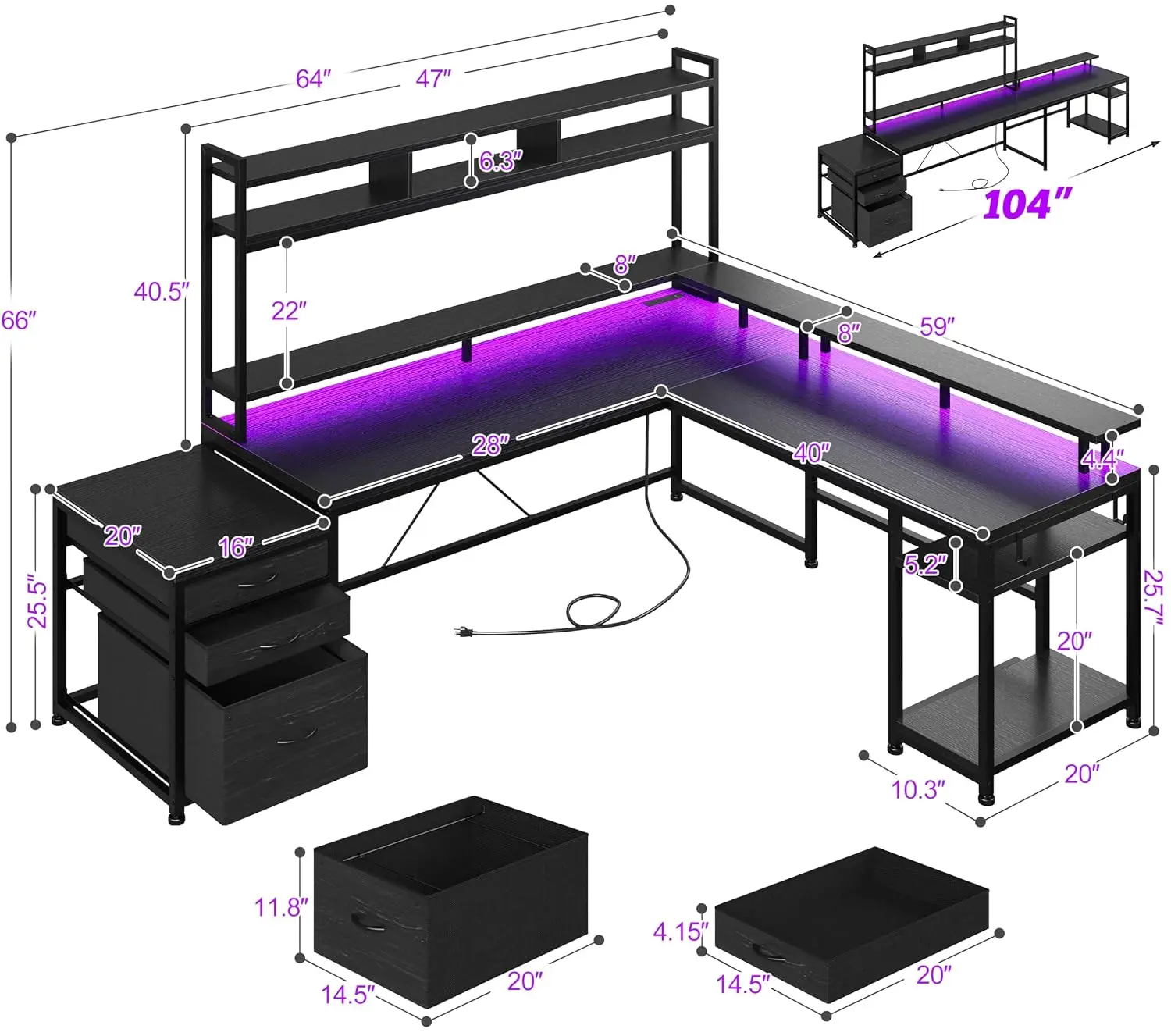 L Shaped Gaming Desk 64x59 Inch with Shelf LED Lights 4 Layout 4 AC 2 USB Charging Ports Remote Control Black, Customized