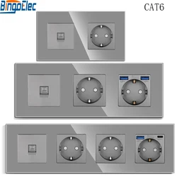 Bingoelec EU Power /USB Socket with HDMI/USB Ports for TV Computer, 230V AC Schuko Outlet Surge Protection grey glass frame