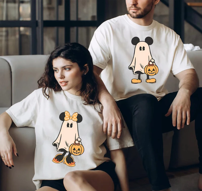 

2025 New Retro Mickey Minnie Disney Halloween Couple Family Mickey Ghost Top Shirt Minnie Ghost Shirt Horror Season T-Shirt