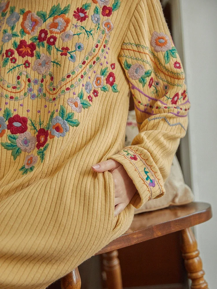 

Вязаное платье для женщин, 99-109 см обхват груди, осень-зима, французский винтаж, элегантное, с длинным рукавом, роскошная вышивка, в стиле Mori Girls, свободное длинное платье