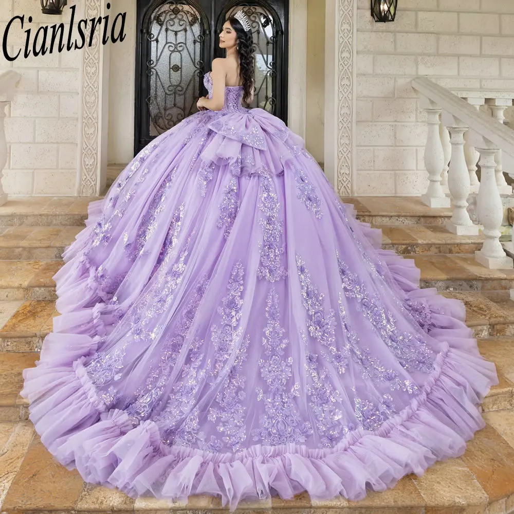 Lilas manches détachables plissées Quinceanera robes robe de bal paillettes Appliques dentelle arc mexicain doux 16 robes 15 Anos