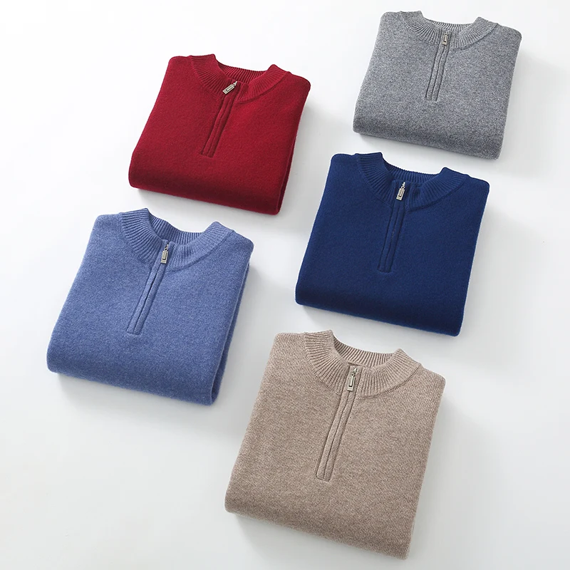 New 100% Cashmere Wool Warm Sweater Autumn Winter Men\'s Half Zipper Half-high Collar Pullover Loose Youth Business Casual Top