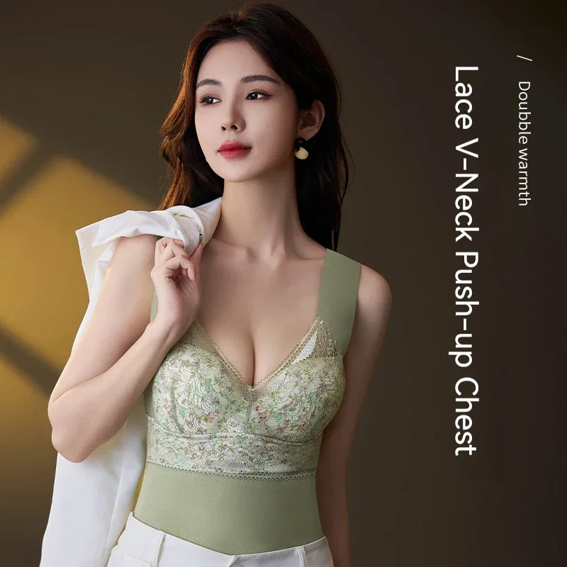 Unterwäsche-Set Kaschmir Plus Kaschmir Dicke Damen Warme Unterwäsche Damen mit Brustpolstern Spitze Traceless Wärme- und Formungs-Tanktop