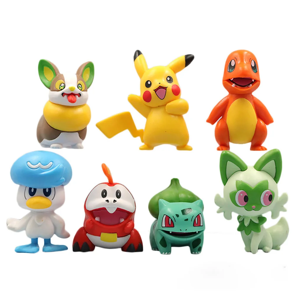 7 pçs anime pokemon pikachu figura charizard bulbasaur floragato fuecoco quaxly ymer conjunto bonito modelo de brinquedo carro ornamentos desktop