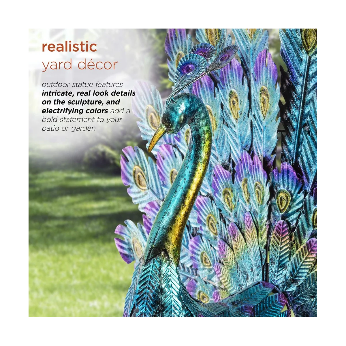 Multicolor Metallic Peacock Statue Metallic Peacock Statue Outdoor Garden, Patio, Deck, Porch-Yard Art Decoration