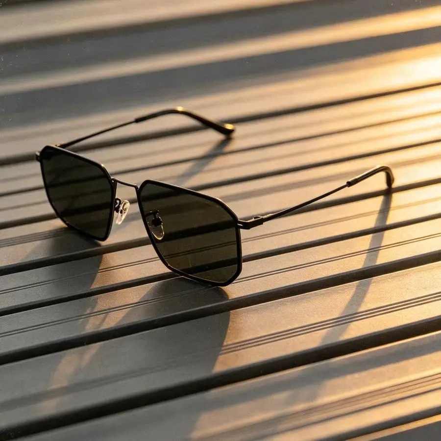 Emporio Armani Geometric Hexagon Sunglasses Black Metal Frame Green Lens UV Protection Outdoor Fashion Shades Unisex