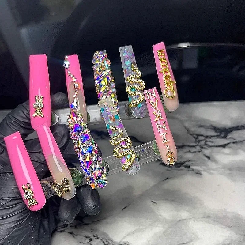 

Customized 3XL Luxury Rhinestones Pink Press On Nail Handmade Long False Nails Tips Reusable Fake Nail Acrylic With Glue Party