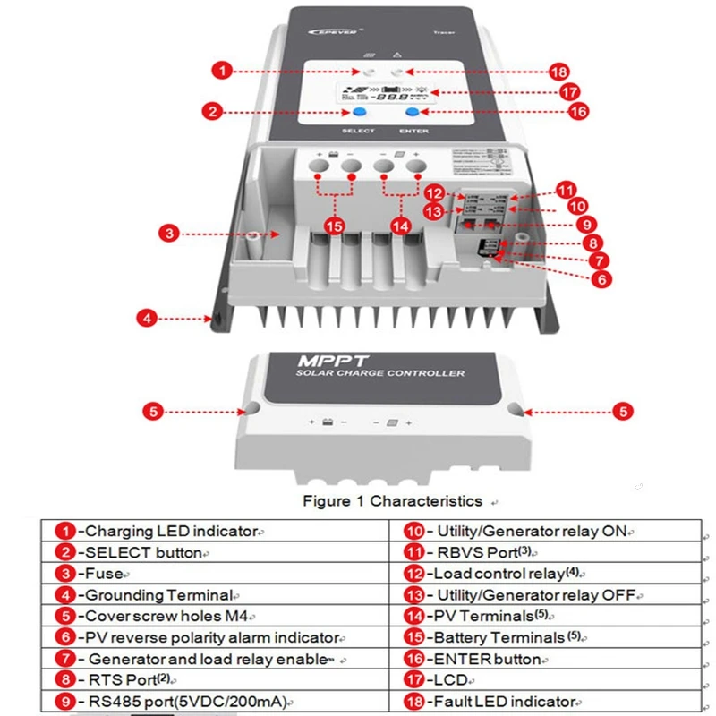 Imagem -06 - Epever-mppt Controlador de Carga Solar Regulador Automático da Bateria Max pv 150v 200v Tracer Mt50 100a 80a 60a 50a 12v 24v 36v 48v