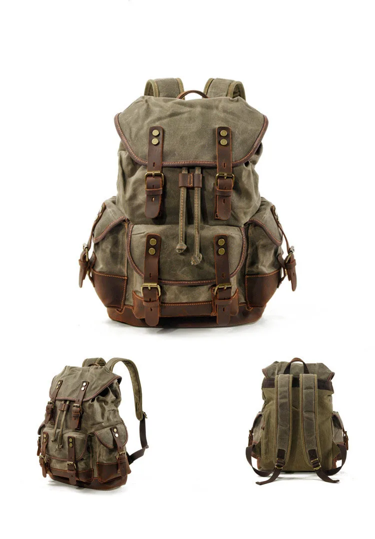 Vintage Canvas Backpack for Men Laptop Daypacks Waterproof Rucksacks Large Waxed Mountaineering Travel Pack  backpack camera bag view 5