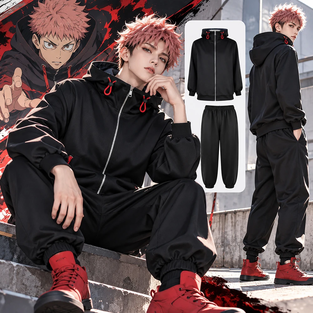 Jujutsu Kaisen Yuji Itadori Cosplay Costume Black Hoodie Jogger Pants Full Set Anime Outfit Halloween Carnival Party Costume