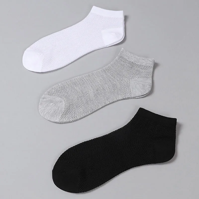 3 Pairs Summer Men Breathable Mesh Socks Thin All-cotton Breathable Black White And Gray Solid Color Ultra-thin Boat Socks