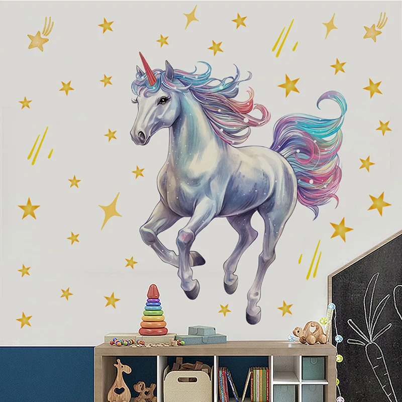 Cartoon Meteor Rainbow Unicorn Wall Sticker DIY Vinyl Gold Stars Decals Self-adhesive for Kids Room Baby Room Nursery Wall Decor view 3