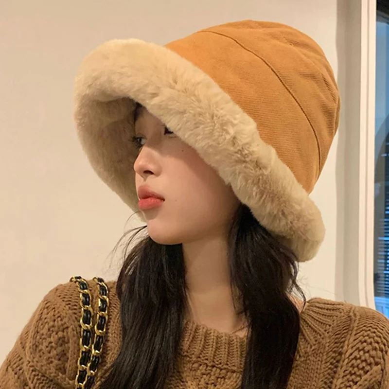 New Soft Thickened Plush Winter Bucket Hat Fashion Outdoor Warm Beanies Fisherman Hat Fashion Trend Ladies Windproof Panama Hats