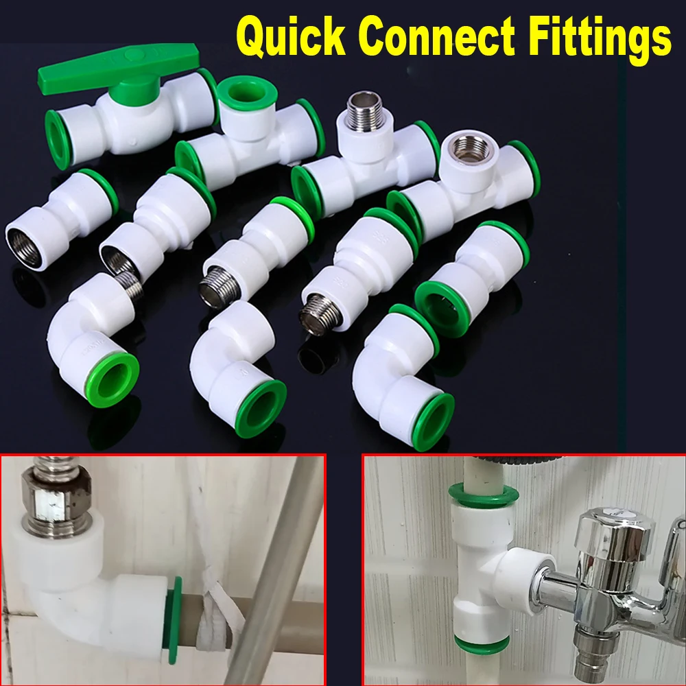 PE PVC PPR Water Pipe Push Fit Quick Connect Fittings 20 25 32mm No Heat Fusion Water Pipe Connectors Straight/Elbow/Tee/Valve